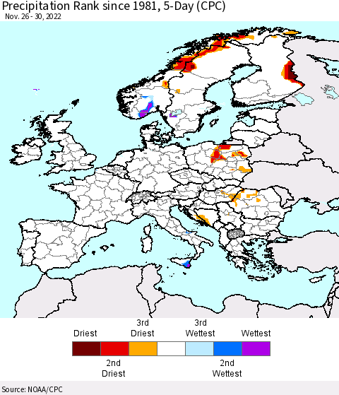 Europe Precipitation Rank since 1981, 5-Day (CPC) Thematic Map For 11/26/2022 - 11/30/2022