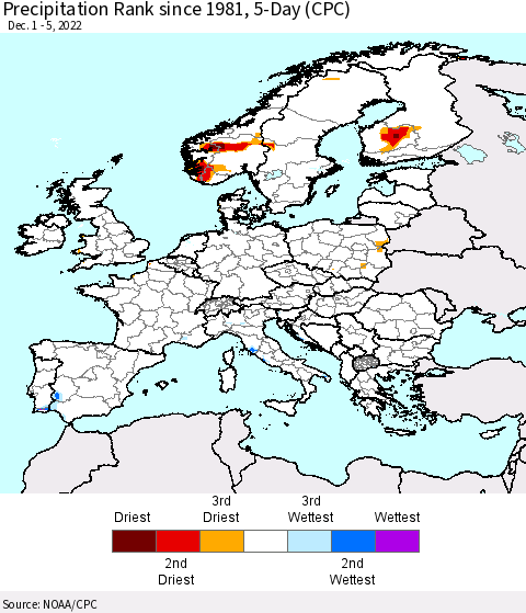 Europe Precipitation Rank since 1981, 5-Day (CPC) Thematic Map For 12/1/2022 - 12/5/2022