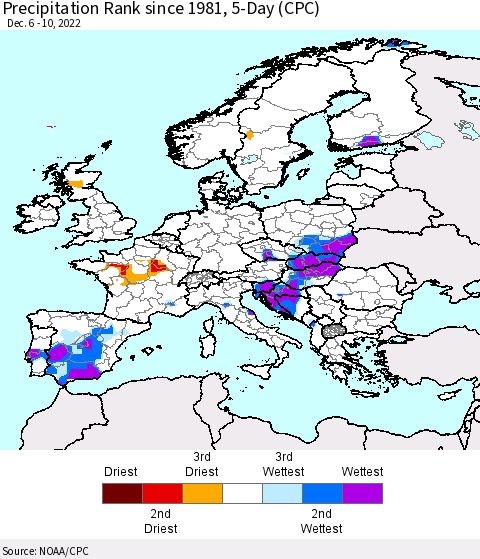 Europe Precipitation Rank since 1981, 5-Day (CPC) Thematic Map For 12/6/2022 - 12/10/2022