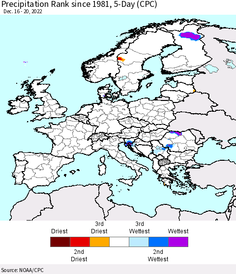 Europe Precipitation Rank since 1981, 5-Day (CPC) Thematic Map For 12/16/2022 - 12/20/2022
