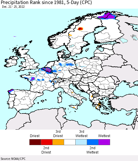Europe Precipitation Rank since 1981, 5-Day (CPC) Thematic Map For 12/21/2022 - 12/25/2022
