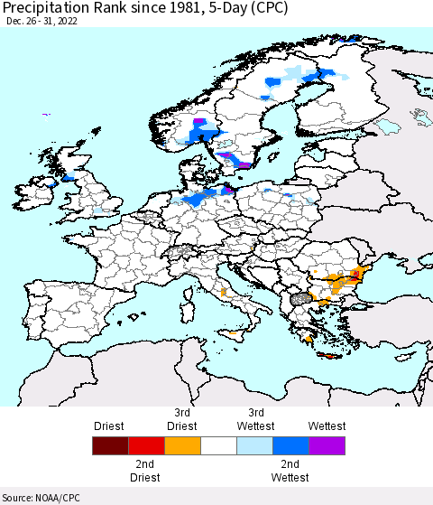 Europe Precipitation Rank since 1981, 5-Day (CPC) Thematic Map For 12/26/2022 - 12/31/2022