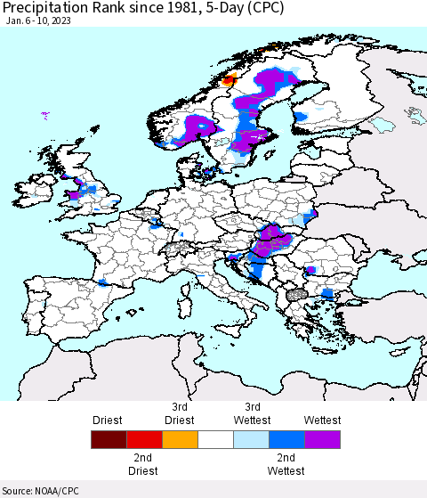 Europe Precipitation Rank since 1981, 5-Day (CPC) Thematic Map For 1/6/2023 - 1/10/2023