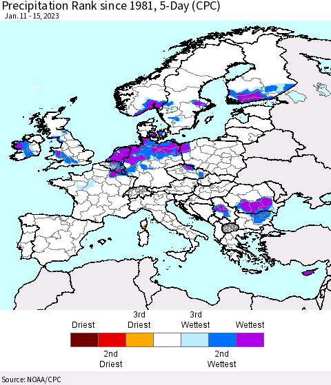 Europe Precipitation Rank since 1981, 5-Day (CPC) Thematic Map For 1/11/2023 - 1/15/2023