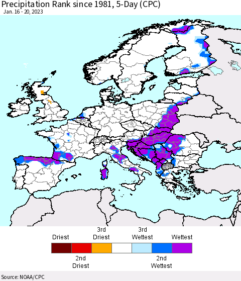 Europe Precipitation Rank since 1981, 5-Day (CPC) Thematic Map For 1/16/2023 - 1/20/2023