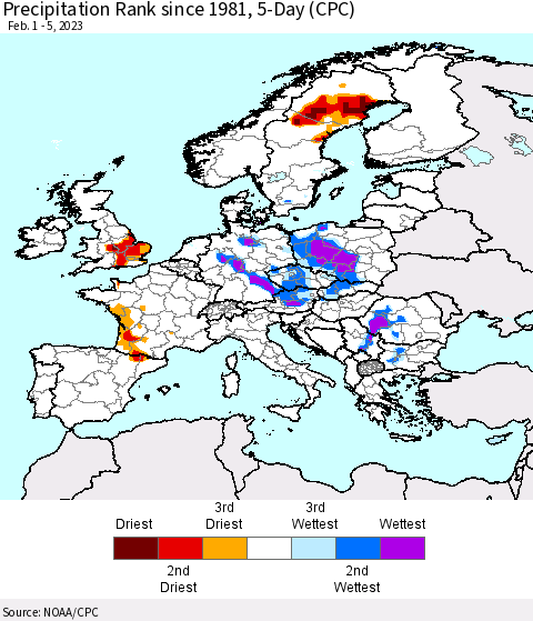 Europe Precipitation Rank since 1981, 5-Day (CPC) Thematic Map For 2/1/2023 - 2/5/2023