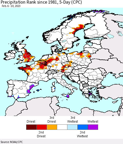 Europe Precipitation Rank since 1981, 5-Day (CPC) Thematic Map For 2/6/2023 - 2/10/2023