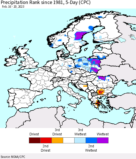 Europe Precipitation Rank since 1981, 5-Day (CPC) Thematic Map For 2/16/2023 - 2/20/2023