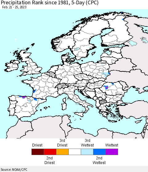 Europe Precipitation Rank since 1981, 5-Day (CPC) Thematic Map For 2/21/2023 - 2/25/2023