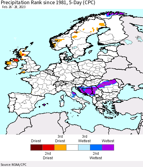 Europe Precipitation Rank since 1981, 5-Day (CPC) Thematic Map For 2/26/2023 - 2/28/2023