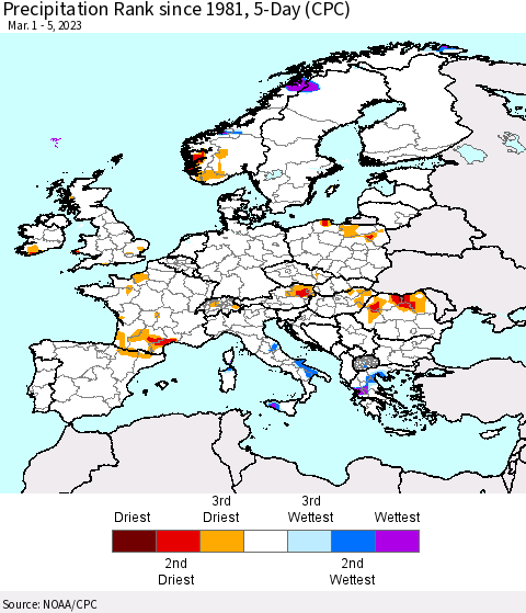 Europe Precipitation Rank since 1981, 5-Day (CPC) Thematic Map For 3/1/2023 - 3/5/2023