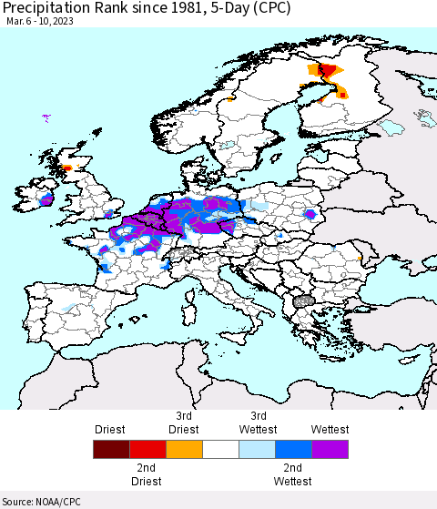 Europe Precipitation Rank since 1981, 5-Day (CPC) Thematic Map For 3/6/2023 - 3/10/2023