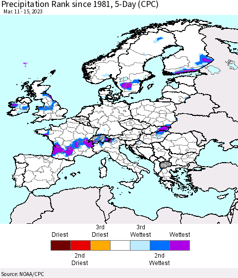 Europe Precipitation Rank since 1981, 5-Day (CPC) Thematic Map For 3/11/2023 - 3/15/2023