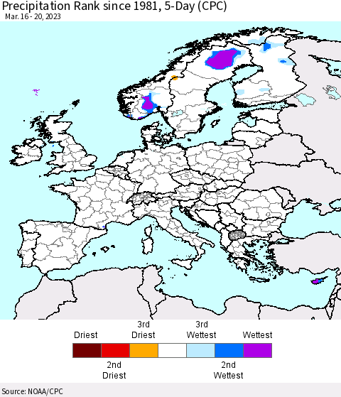 Europe Precipitation Rank since 1981, 5-Day (CPC) Thematic Map For 3/16/2023 - 3/20/2023