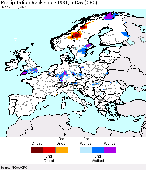 Europe Precipitation Rank since 1981, 5-Day (CPC) Thematic Map For 3/26/2023 - 3/31/2023