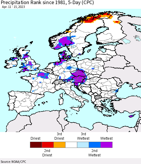 Europe Precipitation Rank since 1981, 5-Day (CPC) Thematic Map For 4/11/2023 - 4/15/2023