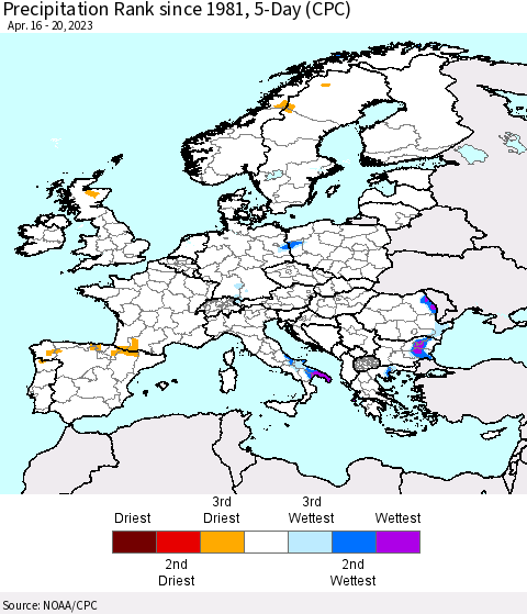 Europe Precipitation Rank since 1981, 5-Day (CPC) Thematic Map For 4/16/2023 - 4/20/2023
