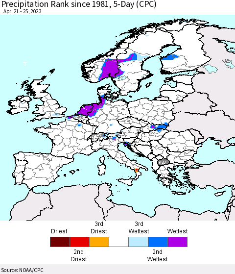Europe Precipitation Rank since 1981, 5-Day (CPC) Thematic Map For 4/21/2023 - 4/25/2023
