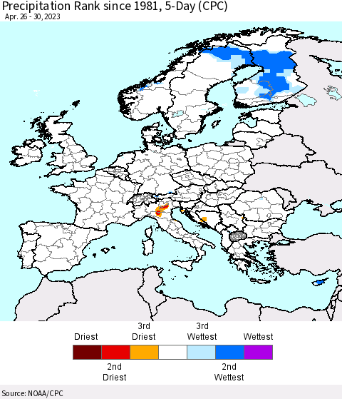 Europe Precipitation Rank since 1981, 5-Day (CPC) Thematic Map For 4/26/2023 - 4/30/2023