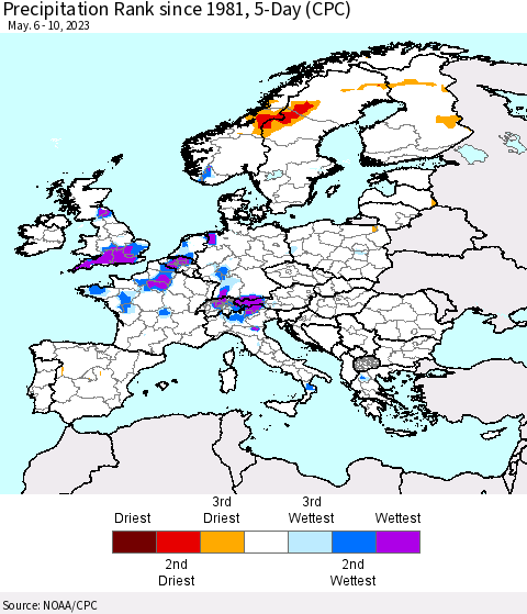 Europe Precipitation Rank since 1981, 5-Day (CPC) Thematic Map For 5/6/2023 - 5/10/2023