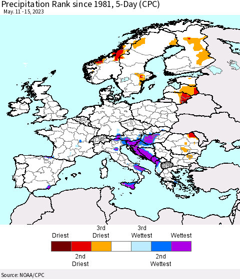 Europe Precipitation Rank since 1981, 5-Day (CPC) Thematic Map For 5/11/2023 - 5/15/2023