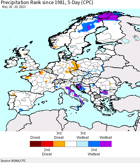 Europe Precipitation Rank since 1981, 5-Day (CPC) Thematic Map For 5/16/2023 - 5/20/2023