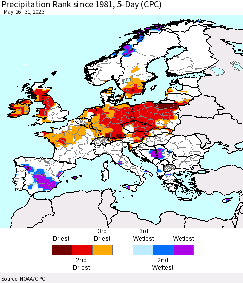 Europe Precipitation Rank since 1981, 5-Day (CPC) Thematic Map For 5/26/2023 - 5/31/2023
