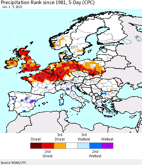 Europe Precipitation Rank since 1981, 5-Day (CPC) Thematic Map For 6/1/2023 - 6/5/2023