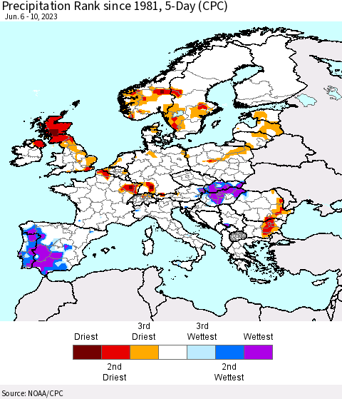 Europe Precipitation Rank since 1981, 5-Day (CPC) Thematic Map For 6/6/2023 - 6/10/2023