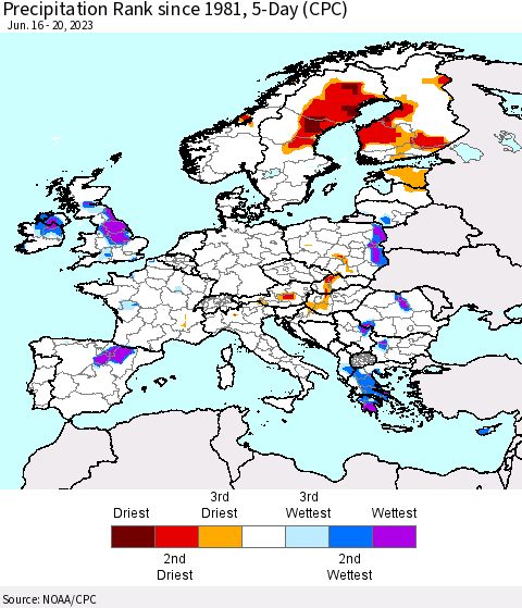 Europe Precipitation Rank since 1981, 5-Day (CPC) Thematic Map For 6/16/2023 - 6/20/2023