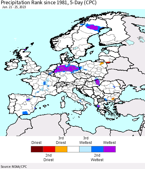 Europe Precipitation Rank since 1981, 5-Day (CPC) Thematic Map For 6/21/2023 - 6/25/2023