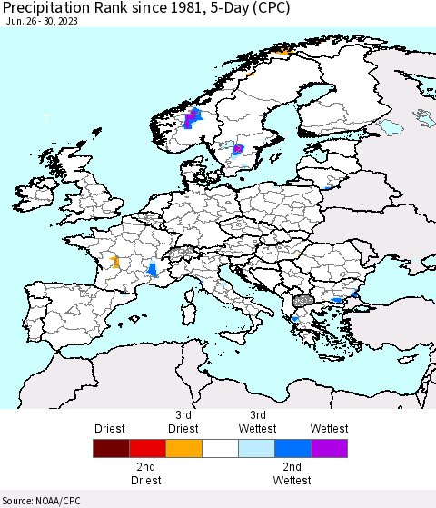 Europe Precipitation Rank since 1981, 5-Day (CPC) Thematic Map For 6/26/2023 - 6/30/2023