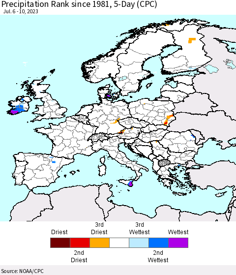Europe Precipitation Rank since 1981, 5-Day (CPC) Thematic Map For 7/6/2023 - 7/10/2023