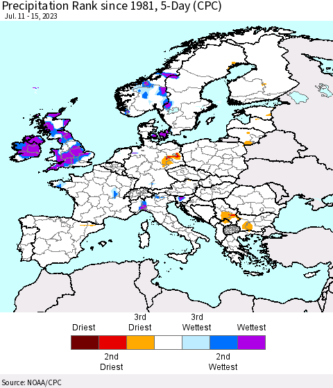 Europe Precipitation Rank since 1981, 5-Day (CPC) Thematic Map For 7/11/2023 - 7/15/2023