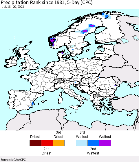 Europe Precipitation Rank since 1981, 5-Day (CPC) Thematic Map For 7/16/2023 - 7/20/2023
