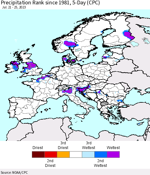 Europe Precipitation Rank since 1981, 5-Day (CPC) Thematic Map For 7/21/2023 - 7/25/2023