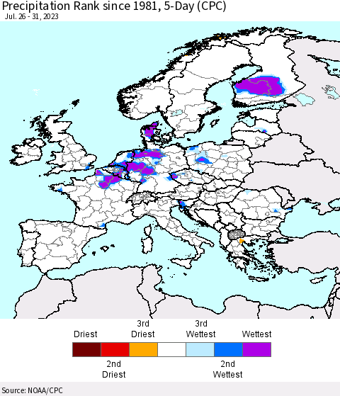 Europe Precipitation Rank since 1981, 5-Day (CPC) Thematic Map For 7/26/2023 - 7/31/2023