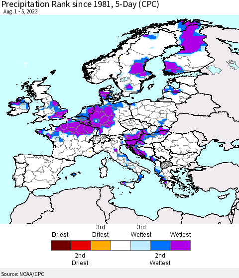 Europe Precipitation Rank since 1981, 5-Day (CPC) Thematic Map For 8/1/2023 - 8/5/2023