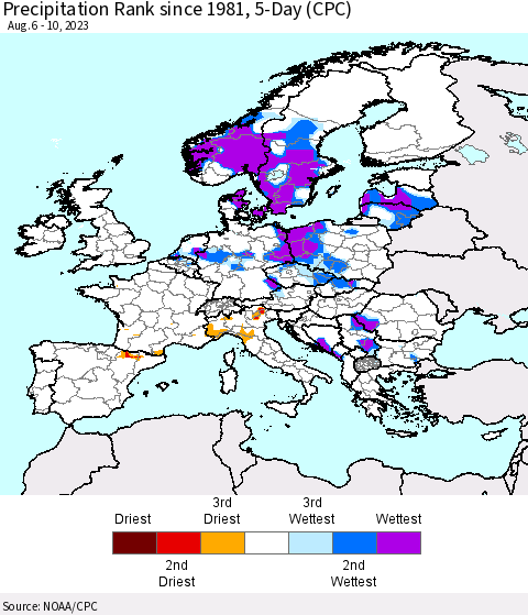 Europe Precipitation Rank since 1981, 5-Day (CPC) Thematic Map For 8/6/2023 - 8/10/2023