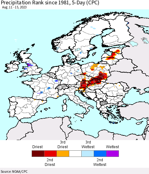 Europe Precipitation Rank since 1981, 5-Day (CPC) Thematic Map For 8/11/2023 - 8/15/2023