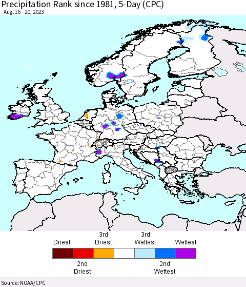 Europe Precipitation Rank since 1981, 5-Day (CPC) Thematic Map For 8/16/2023 - 8/20/2023