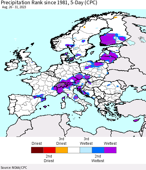 Europe Precipitation Rank since 1981, 5-Day (CPC) Thematic Map For 8/26/2023 - 8/31/2023