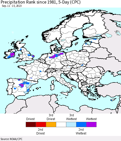 Europe Precipitation Rank since 1981, 5-Day (CPC) Thematic Map For 9/11/2023 - 9/15/2023