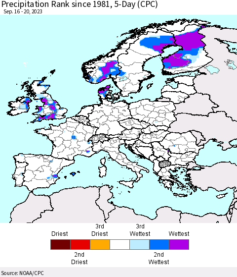 Europe Precipitation Rank since 1981, 5-Day (CPC) Thematic Map For 9/16/2023 - 9/20/2023