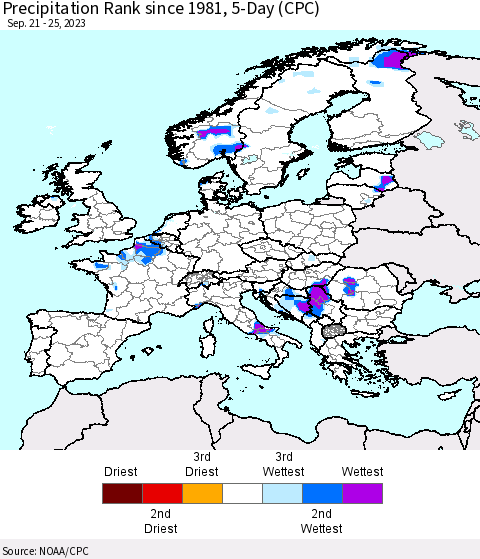 Europe Precipitation Rank since 1981, 5-Day (CPC) Thematic Map For 9/21/2023 - 9/25/2023
