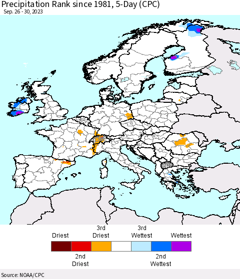Europe Precipitation Rank since 1981, 5-Day (CPC) Thematic Map For 9/26/2023 - 9/30/2023
