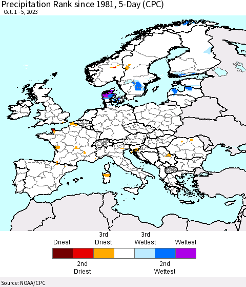 Europe Precipitation Rank since 1981, 5-Day (CPC) Thematic Map For 10/1/2023 - 10/5/2023