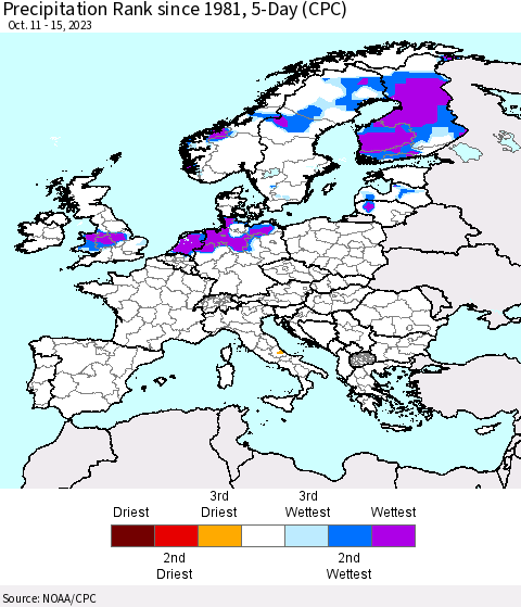 Europe Precipitation Rank since 1981, 5-Day (CPC) Thematic Map For 10/11/2023 - 10/15/2023