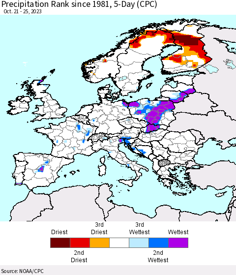 Europe Precipitation Rank since 1981, 5-Day (CPC) Thematic Map For 10/21/2023 - 10/25/2023