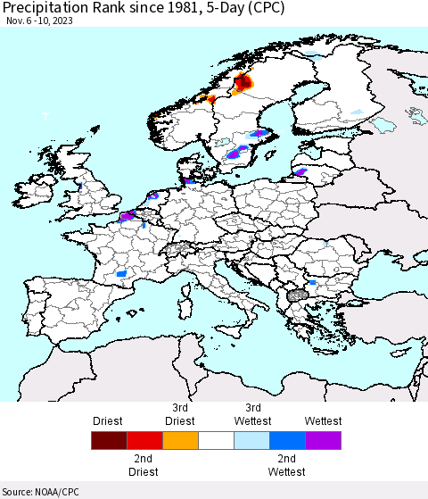 Europe Precipitation Rank since 1981, 5-Day (CPC) Thematic Map For 11/6/2023 - 11/10/2023
